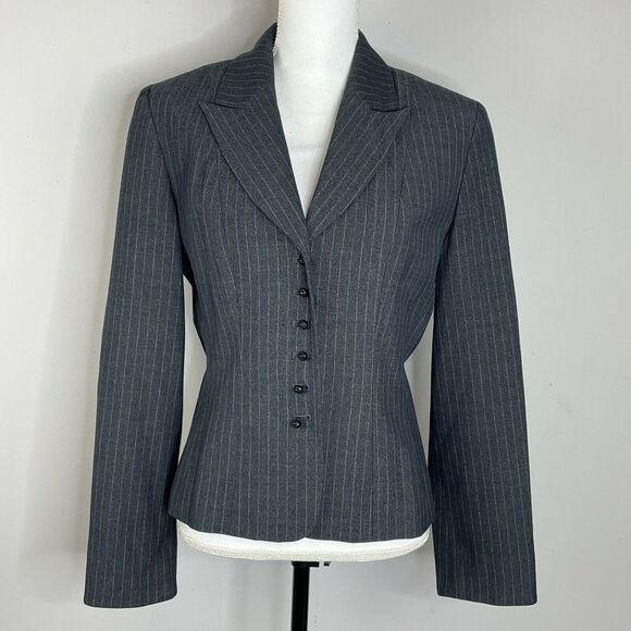 Signature by Larry Levine Gray White Stripe Blazer Pant Suit Set Size 10 - Picture 3 of 10